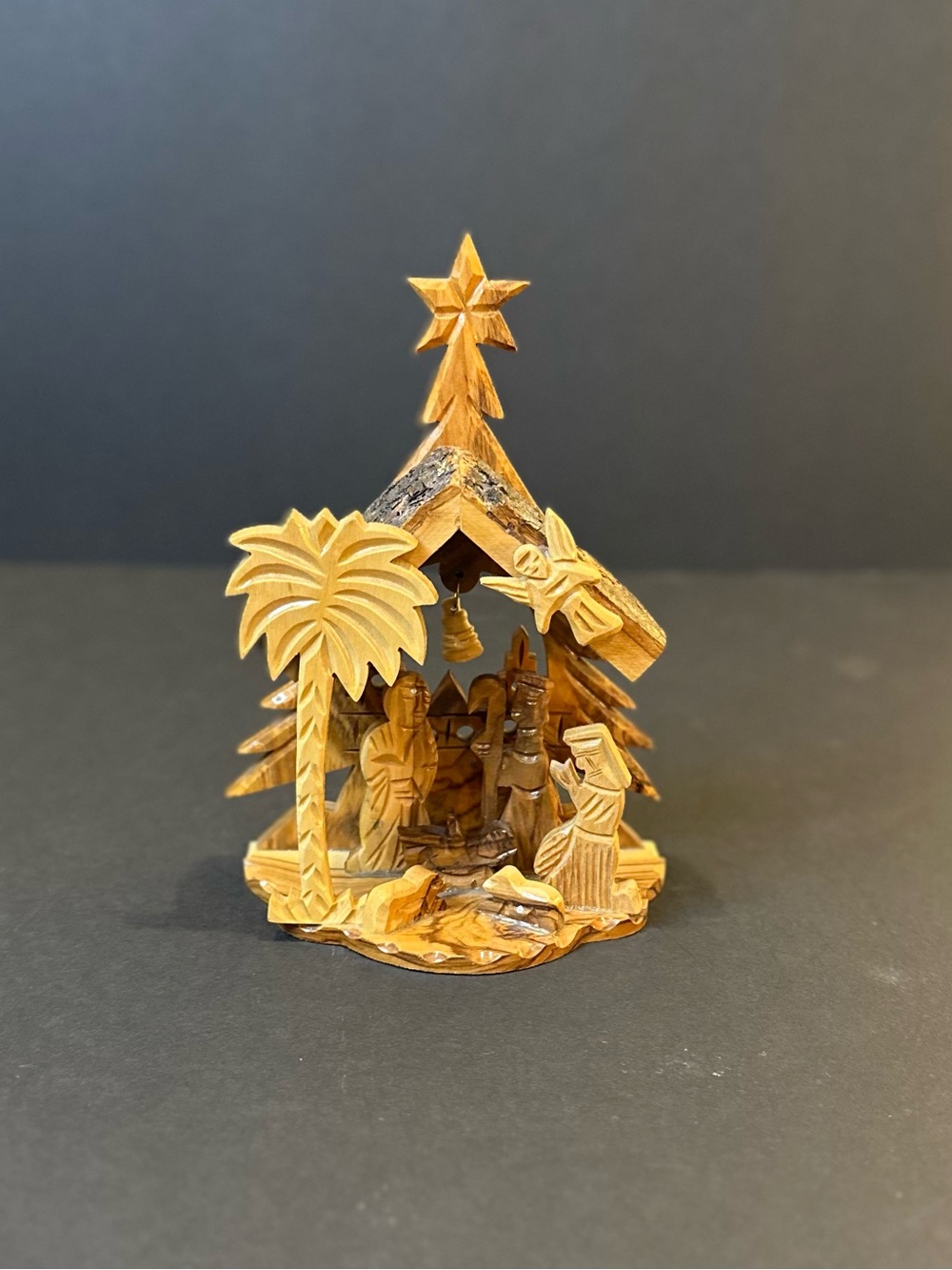 🎄🌟HP🌟VTG 1980s Hand-Carved Olive Wood Nativity Scene Grotto From Bethlehem 6.25"